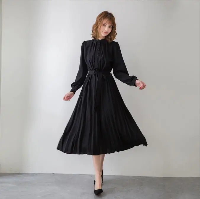Women's Minimalist Long Sleeve Solid Color Stand up Collar Tie up Waist Pleated Women's Clothes Casual Loose Fitting Dress