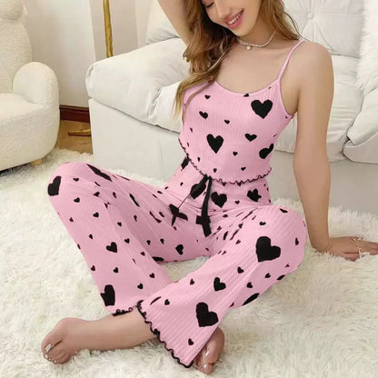 Conjunto de Pijama Feminino de 2 Peças com Estampa de Corações: Top Cropped Sem Mangas e Shorts – Roupa de Dormir e de Ficar em Casa Macia e Confortável para o Verão