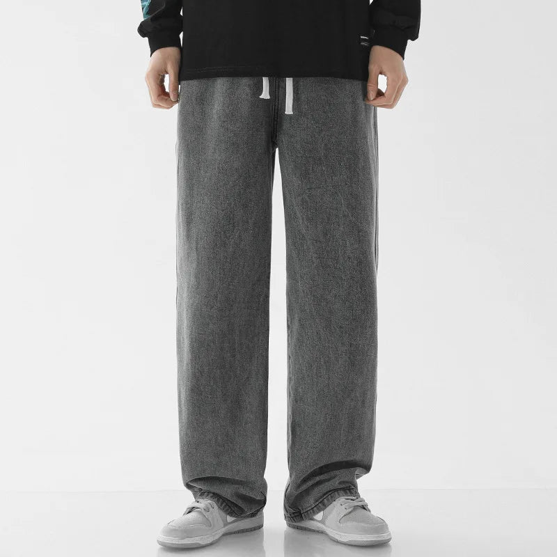 Calça Jeans Masculina de Verão, Corte Reto e Amplo (Wide Leg), Cintura Elástica, Estilo Streetwear, Tecido Leve