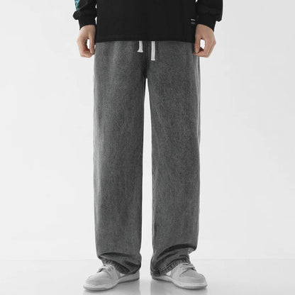Calça Jeans Masculina de Verão, Corte Reto e Amplo (Wide Leg), Cintura Elástica, Estilo Streetwear, Tecido Leve