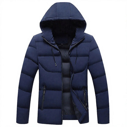 Men's Winter Puffer Hooded Jacket Thick Polyester Filled Zipper Front Logo Casual Style Regular Length Solid Color Windproof