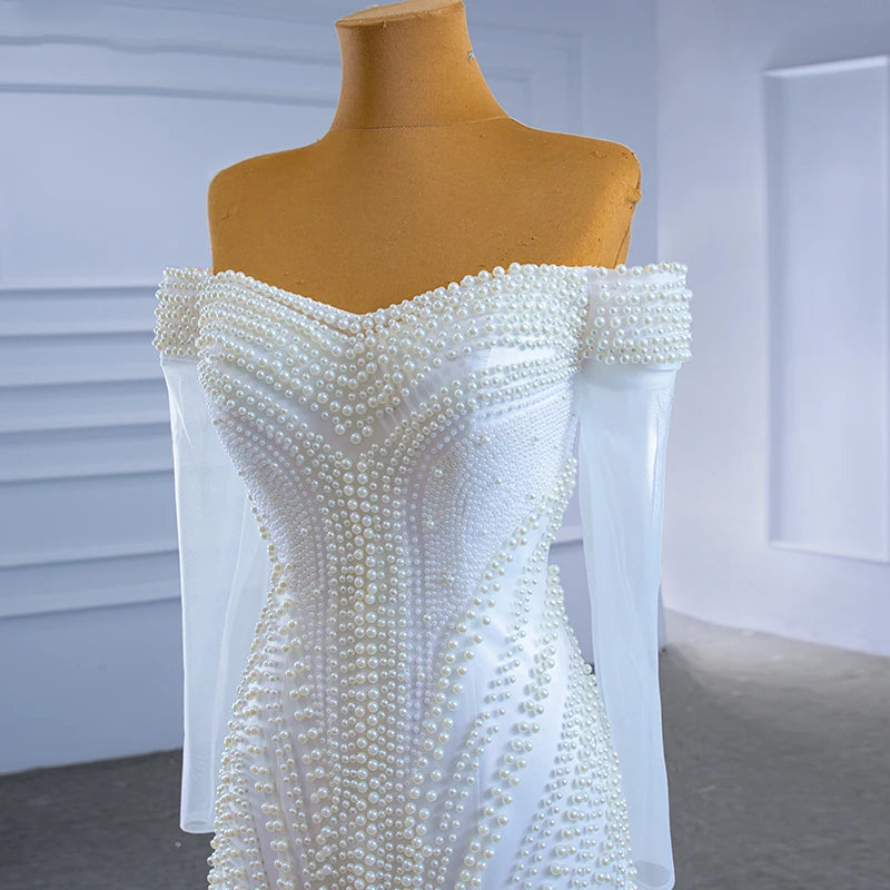 Vestido de Noiva Jancember Estilo Sereia Justo com Pérolas e Decote Ombro a Ombro
