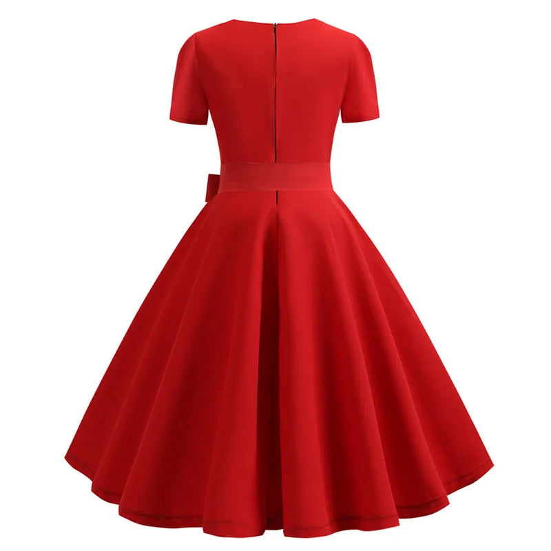 Mulheres gola quadrada elegante vintage vestido de verão manga curta midi vestido robe femme casual escritório vestido de festa
