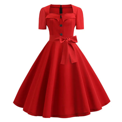 Mulheres gola quadrada elegante vintage vestido de verão manga curta midi vestido robe femme casual escritório vestido de festa