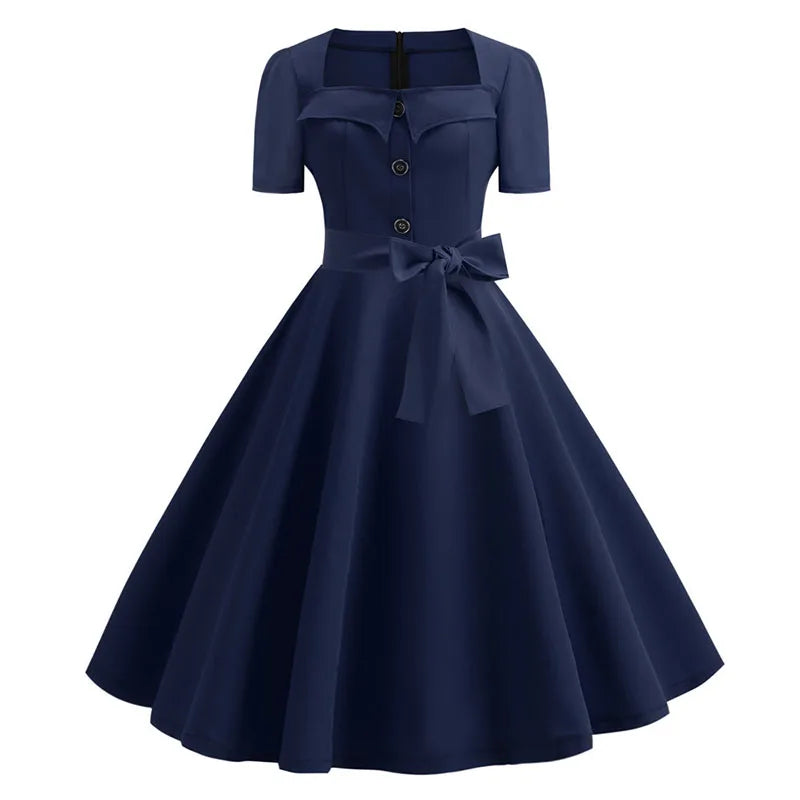 Mulheres gola quadrada elegante vintage vestido de verão manga curta midi vestido robe femme casual escritório vestido de festa