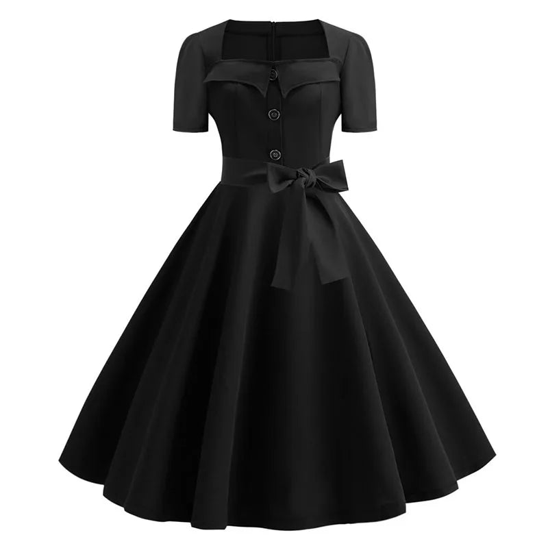 Mulheres gola quadrada elegante vintage vestido de verão manga curta midi vestido robe femme casual escritório vestido de festa