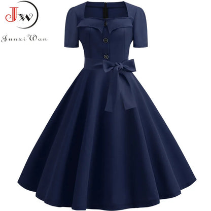Mulheres gola quadrada elegante vintage vestido de verão manga curta midi vestido robe femme casual escritório vestido de festa
