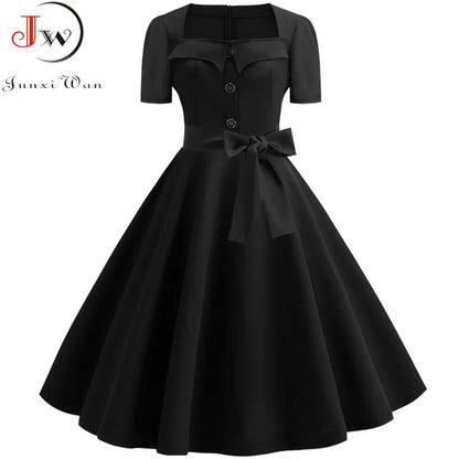 Mulheres gola quadrada elegante vintage vestido de verão manga curta midi vestido robe femme casual escritório vestido de festa