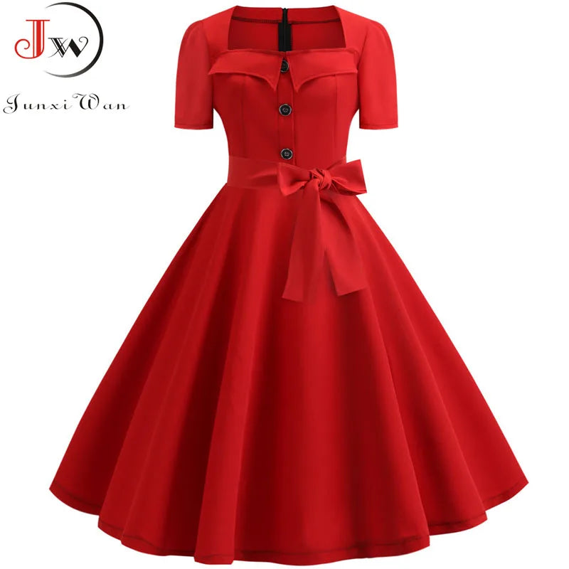 Mulheres gola quadrada elegante vintage vestido de verão manga curta midi vestido robe femme casual escritório vestido de festa