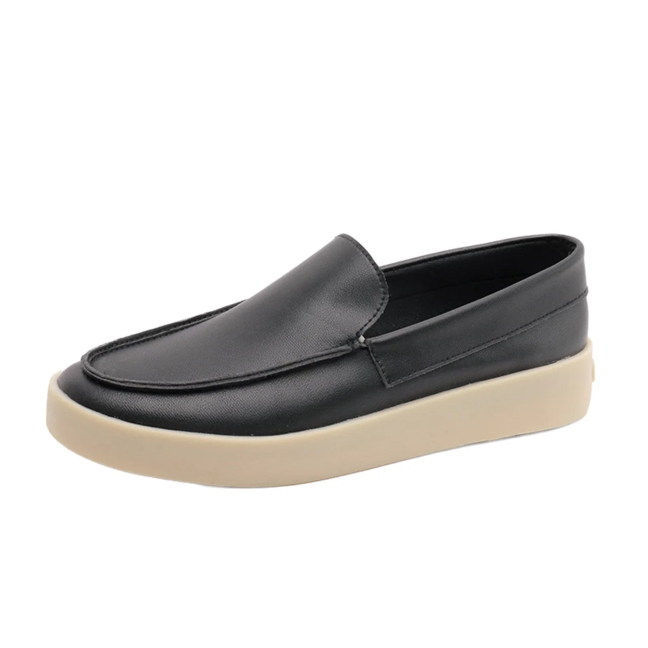 Novo sucesso de vendas: Mocassins masculinos estilo *slip-on* em couro sintético (PU), com bico arredondado, forro em tela, suporte para o arco do pé, entressola em EVA e solado de borracha.