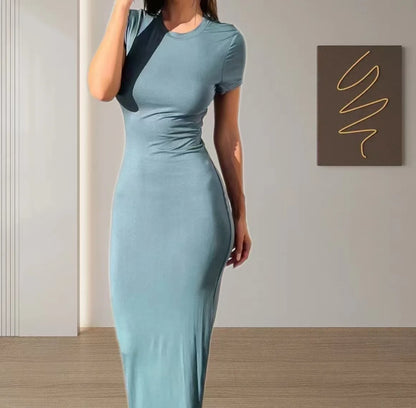 Vestido midi feminino de cor sólida, justo ao corpo, manga curta, elegante, macio, versátil para primavera/verão, ideal para festas, ocasiões casuais e uso diário.
