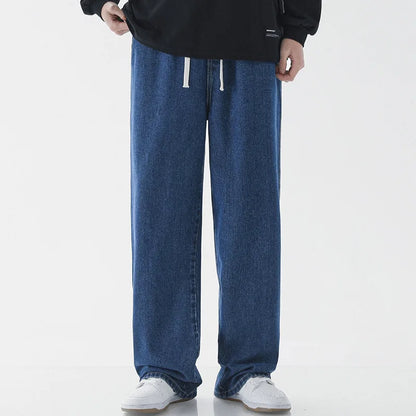Calça Jeans Masculina de Verão, Corte Reto e Amplo (Wide Leg), Cintura Elástica, Estilo Streetwear, Tecido Leve