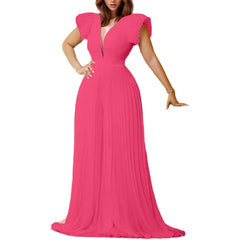 Macacão Feminino Plus Size de Verão, Elegante, Liso e com Decote em V