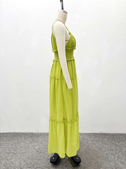 Vestido Feminino com Decote em V, Sem Mangas, Estilo Maxi com Detalhe Franzido (Smocked) – Vestido de Verão/Praia (Tam. P ao XG)