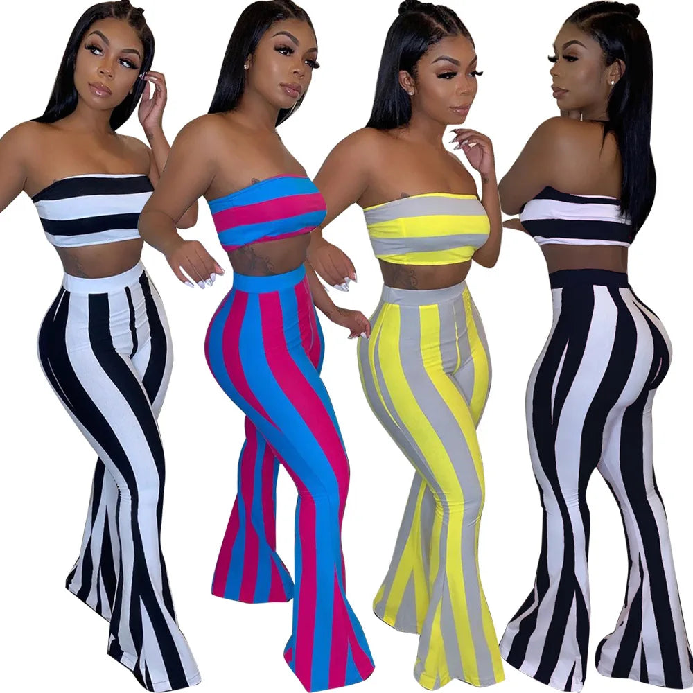 Conjunto de roupa feminina listrada, 2 peças, crop top, calças, conjunto de roupas de verão sexy para mulheres