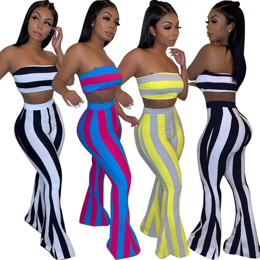 Conjunto de roupa feminina listrada, 2 peças, crop top, calças, conjunto de roupas de verão sexy para mulheres