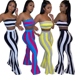 Conjunto de roupa feminina listrada, 2 peças, crop top, calças, conjunto de roupas de verão sexy para mulheres