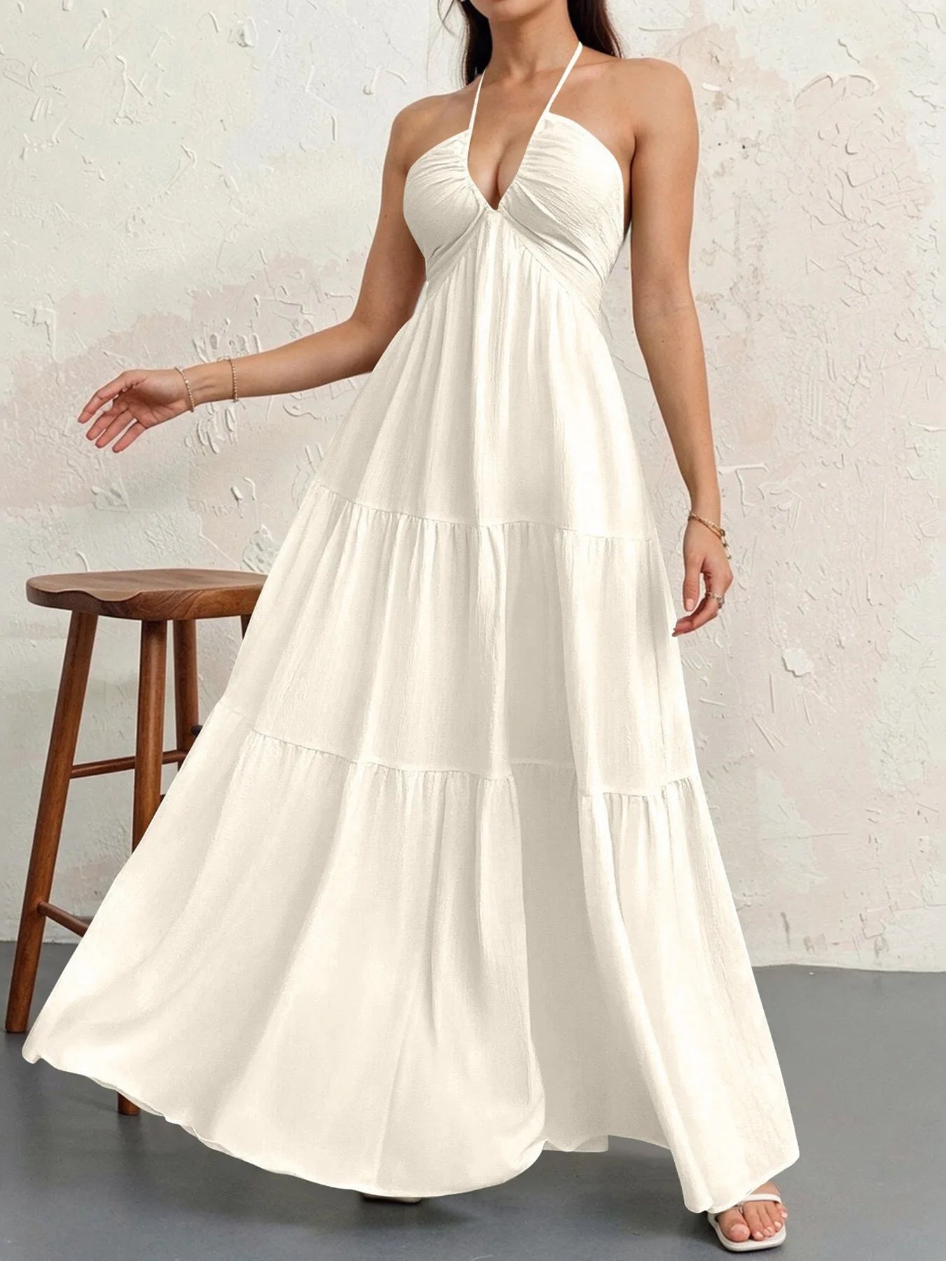 BR6703 Vestido Longo Feminino Estilo Boho – Decote em V Profundo, Ombros à Mostra, Cintura Alta e Cinto – Ideal para Casamentos e Festivais (Campeão de Vendas)