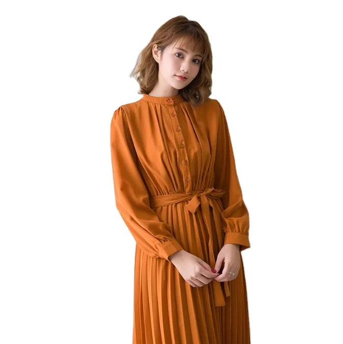 Women's Minimalist Long Sleeve Solid Color Stand up Collar Tie up Waist Pleated Women's Clothes Casual Loose Fitting Dress