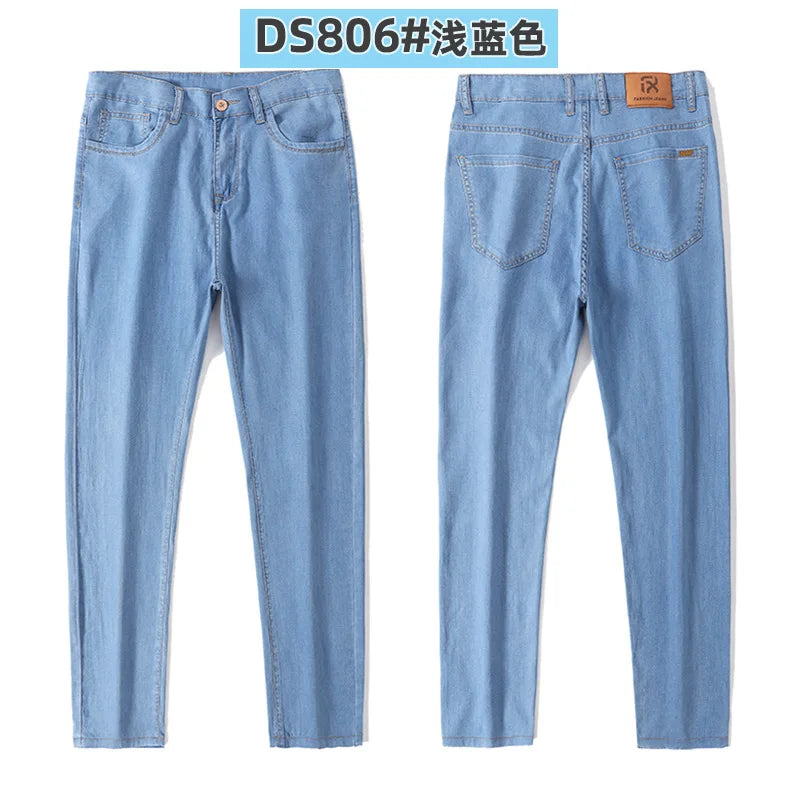 Calça Masculina Casual de Verão – Tecido Leve, Cintura Alta, Jeans de Algodão com Elastano, Lavagem Efeito "Ice Silk", Corte Reto e Solto