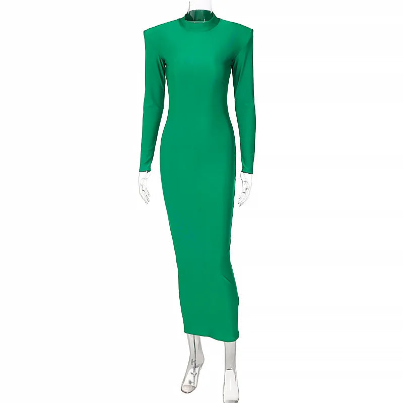 Vestido midi de gola alta, justo ao corpo, para outono e inverno, feminino, casual, manga longa, tamanhos P, M, G e plus size. Vestido slim elástico, preto, azul e verde.