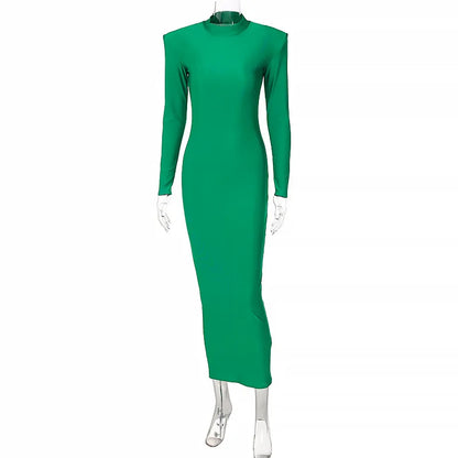 Vestido midi de gola alta, justo ao corpo, para outono e inverno, feminino, casual, manga longa, tamanhos P, M, G e plus size. Vestido slim elástico, preto, azul e verde.