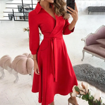 Novo vestido longo feminino de outono com estampa geométrica, decote em V, estilo camisa color block, com laço na lapela e barra assimétrica.
