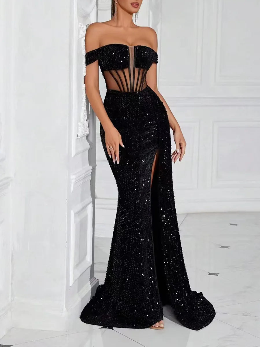 Novo vestido de festa elegante em cetim, estilo celebridade, sem alças, com estrutura de barbatanas, detalhes em tule transparente e lantejoulas, comprimento longo.