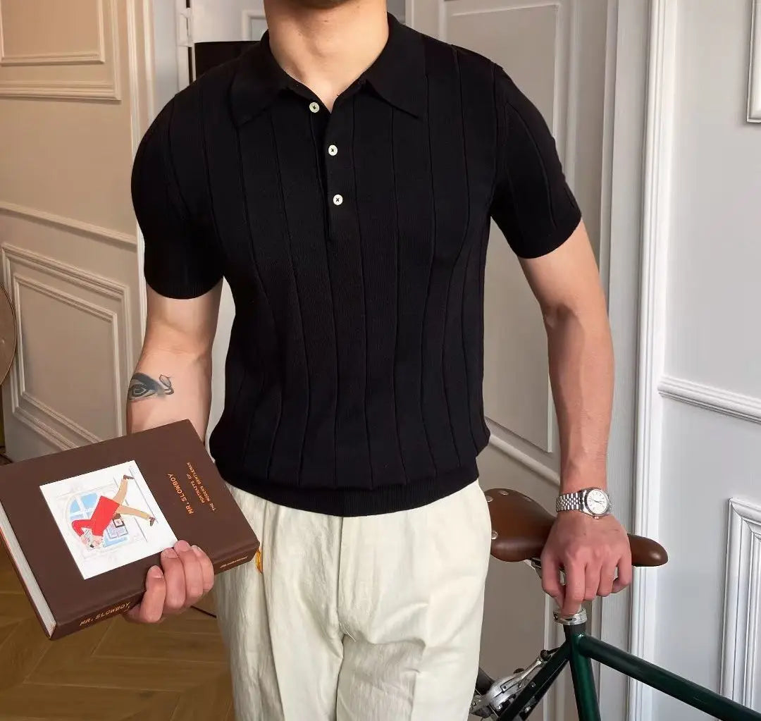 Camisa Polo Masculina de Manga Curta e Malha Fina em Cor Sólida – Novidade de Verão