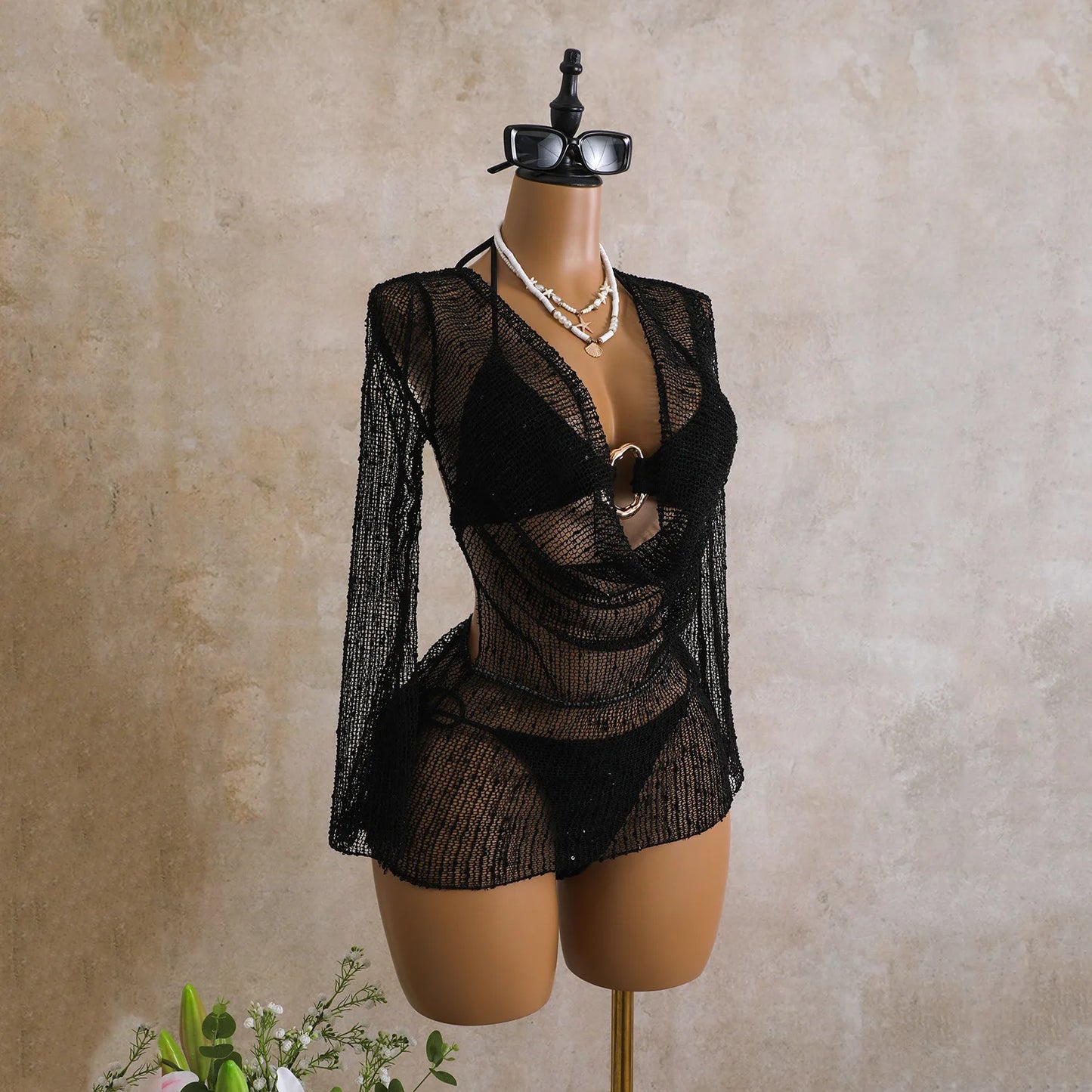NOVO ESTOQUE Conjunto de biquíni feminino texturizado de 3 peças em 3 cores com amarração frontal em argola, modelo brasileiro, com saída de praia transparente. Tamanho P