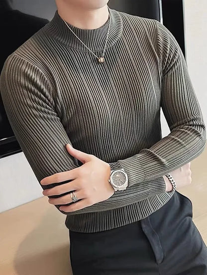 Suéter Masculino Listrado Versátil de Manga Longa e Gola Média (Slim Fit)