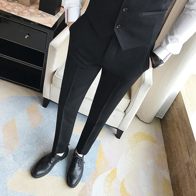 Calças masculinas de primavera e verão, calças brancas puras da moda, calças casuais de negócios simples estilo japonês da moda
