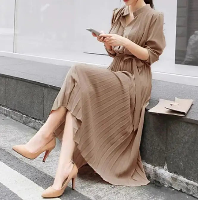 Women's Minimalist Long Sleeve Solid Color Stand up Collar Tie up Waist Pleated Women's Clothes Casual Loose Fitting Dress