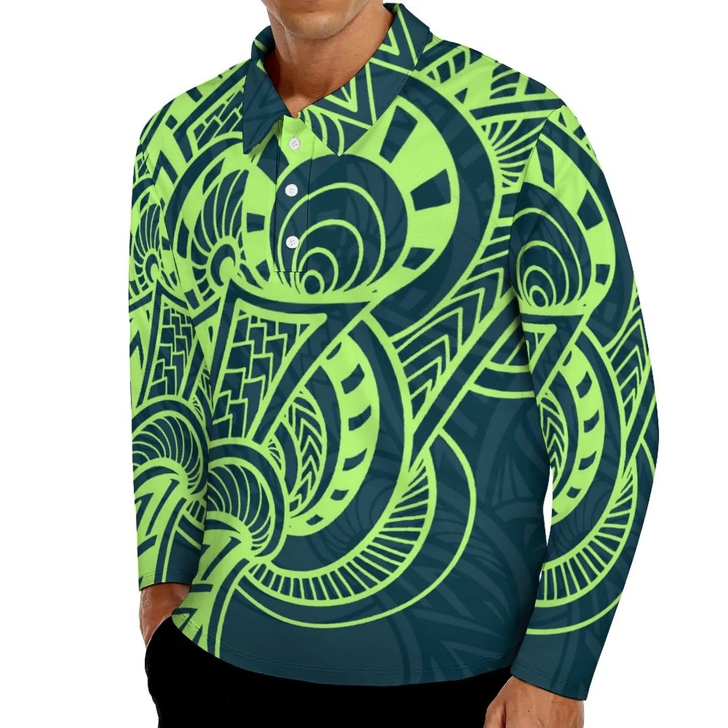 Camisa Polo Masculina Plus Size de Manga Longa com Estampa de Plumeria (Estilo Havaiano) e Design de Tatuagem Polinésia/Samoana