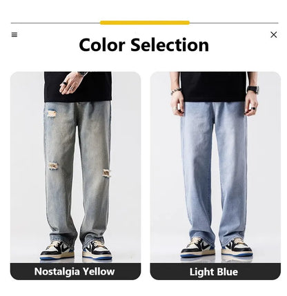 Jeans estilo europeu e americano com rasgos e visual vintage — modelo casual e folgado (baggy) — pronta-entrega.