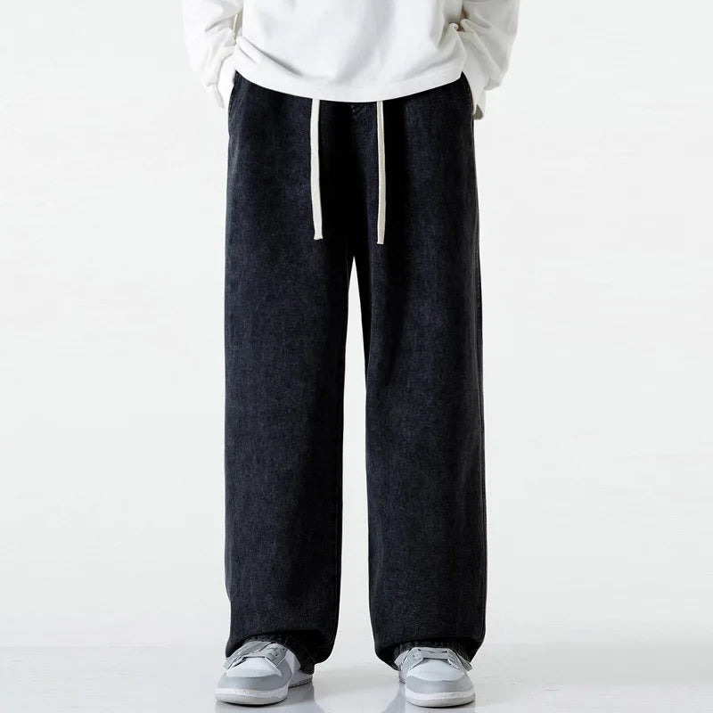 Calça Jeans Masculina de Verão, Corte Reto e Amplo (Wide Leg), Cintura Elástica, Estilo Streetwear, Tecido Leve