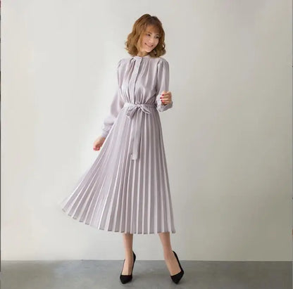 Women's Minimalist Long Sleeve Solid Color Stand up Collar Tie up Waist Pleated Women's Clothes Casual Loose Fitting Dress