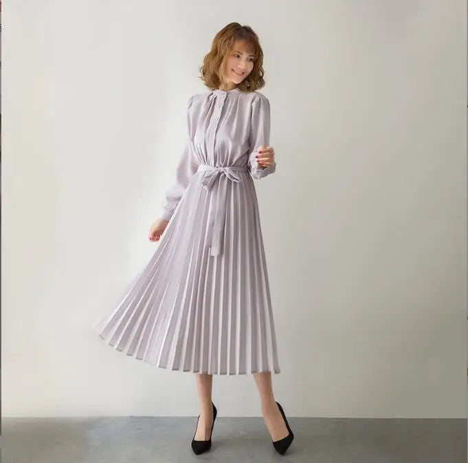 Women's Minimalist Long Sleeve Solid Color Stand up Collar Tie up Waist Pleated Women's Clothes Casual Loose Fitting Dress