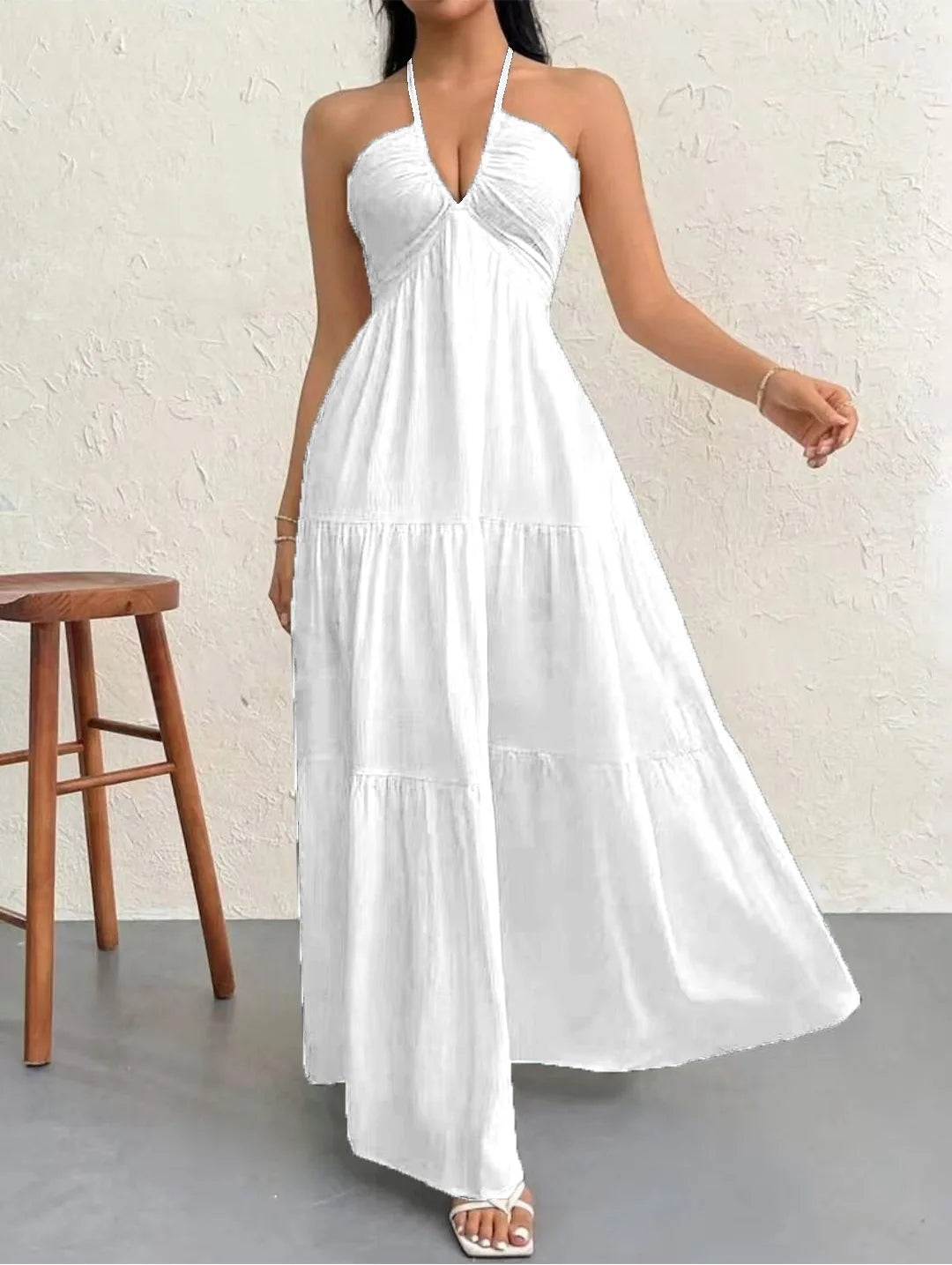 BR6703 Vestido Longo Feminino Estilo Boho – Decote em V Profundo, Ombros à Mostra, Cintura Alta e Cinto – Ideal para Casamentos e Festivais (Campeão de Vendas)