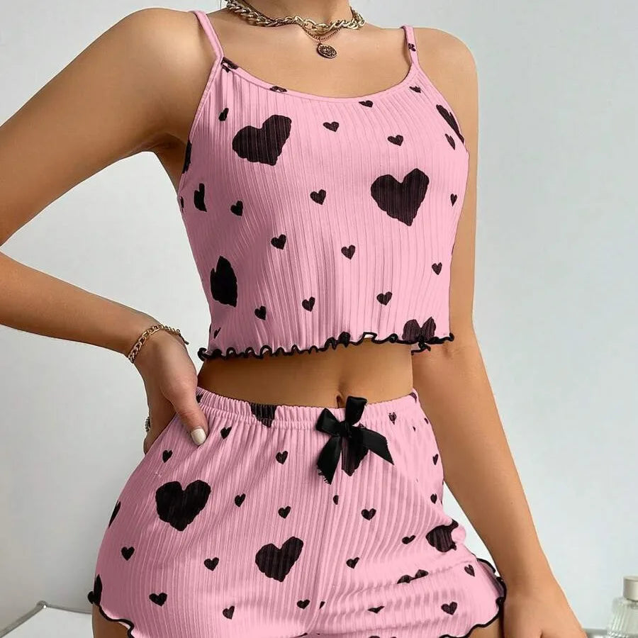 Conjunto de Pijama Feminino de 2 Peças com Estampa de Corações: Top Cropped Sem Mangas e Shorts – Roupa de Dormir e de Ficar em Casa Macia e Confortável para o Verão