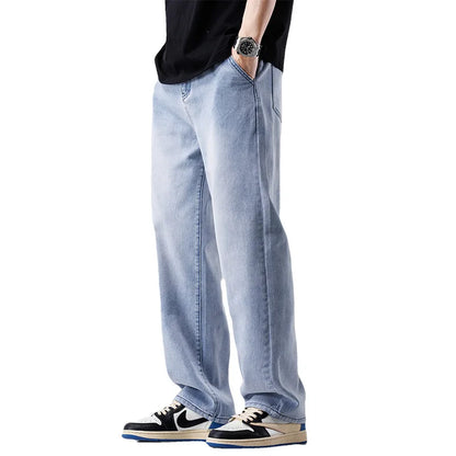 Jeans estilo europeu e americano com rasgos e visual vintage — modelo casual e folgado (baggy) — pronta-entrega.