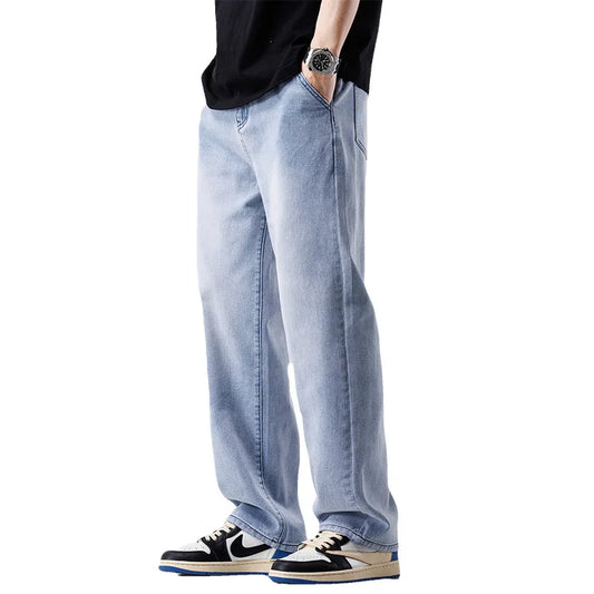 Jeans estilo europeu e americano com rasgos e visual vintage — modelo casual e folgado (baggy) — pronta-entrega.