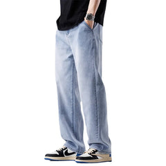 Jeans estilo europeu e americano com rasgos e visual vintage — modelo casual e folgado (baggy) — pronta-entrega.