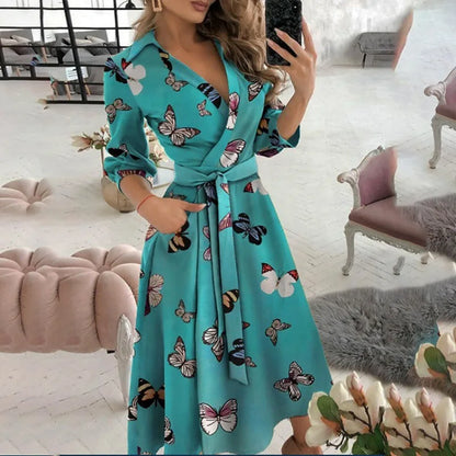Novo vestido longo feminino de outono com estampa geométrica, decote em V, estilo camisa color block, com laço na lapela e barra assimétrica.