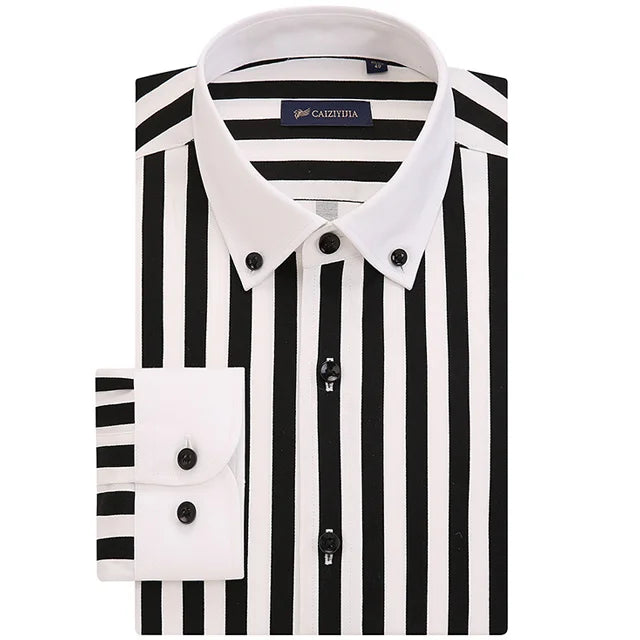 Gola de contraste masculina listrado manga longa botão para baixo vestido camisa pocketless design magro casual listrado blusa camisas de manguito branco