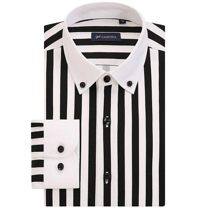 Gola de contraste masculina listrado manga longa botão para baixo vestido camisa pocketless design magro casual listrado blusa camisas de manguito branco