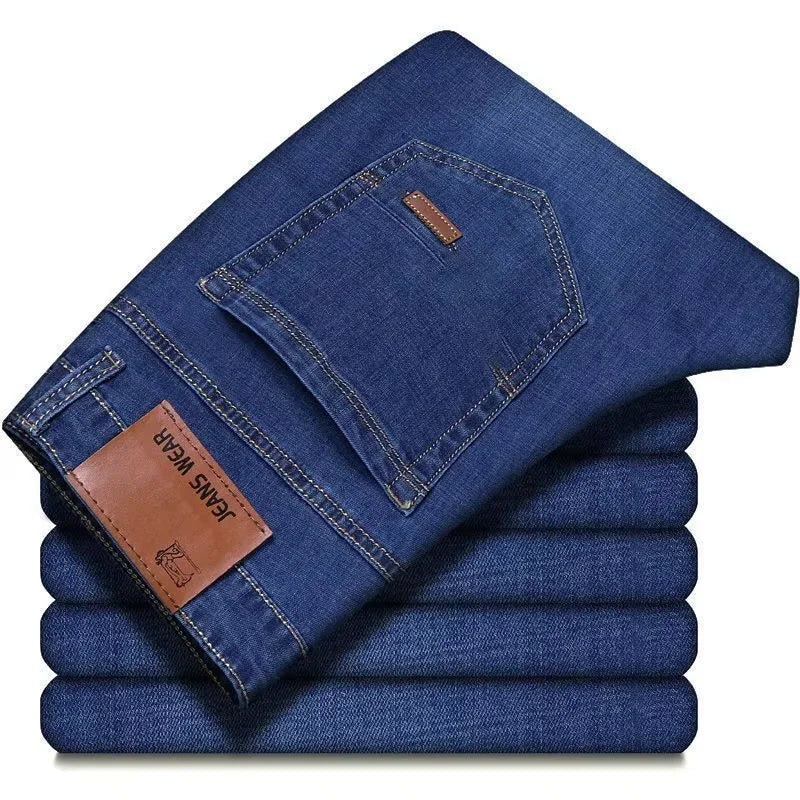 Calças de trabalho masculinas estilo casual, com elastano e alta resistência, disponíveis em tamanhos grandes (plus size) e modelos personalizados; opções de corte reto ou slim, nas cores preto e azul.