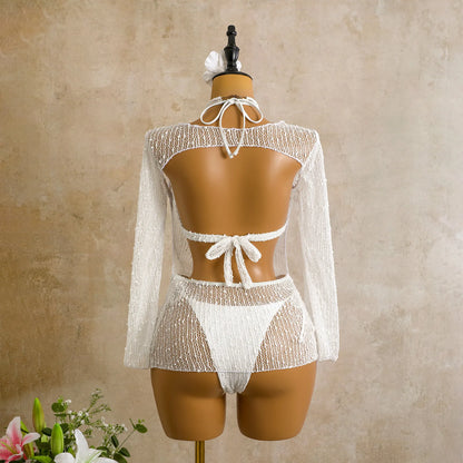 NOVO ESTOQUE Conjunto de biquíni feminino texturizado de 3 peças em 3 cores com amarração frontal em argola, modelo brasileiro, com saída de praia transparente. Tamanho P