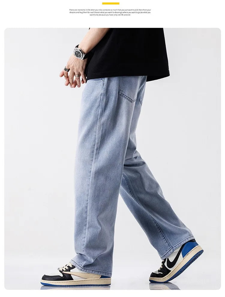 Jeans estilo europeu e americano com rasgos e visual vintage — modelo casual e folgado (baggy) — pronta-entrega.
