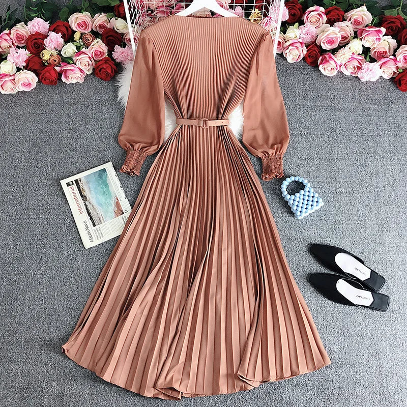 Pleated Dress Pleat and Waisted Slimming Elegant Slightly Mature Style Women's Clothing Spring New Premium Long Casual Dress